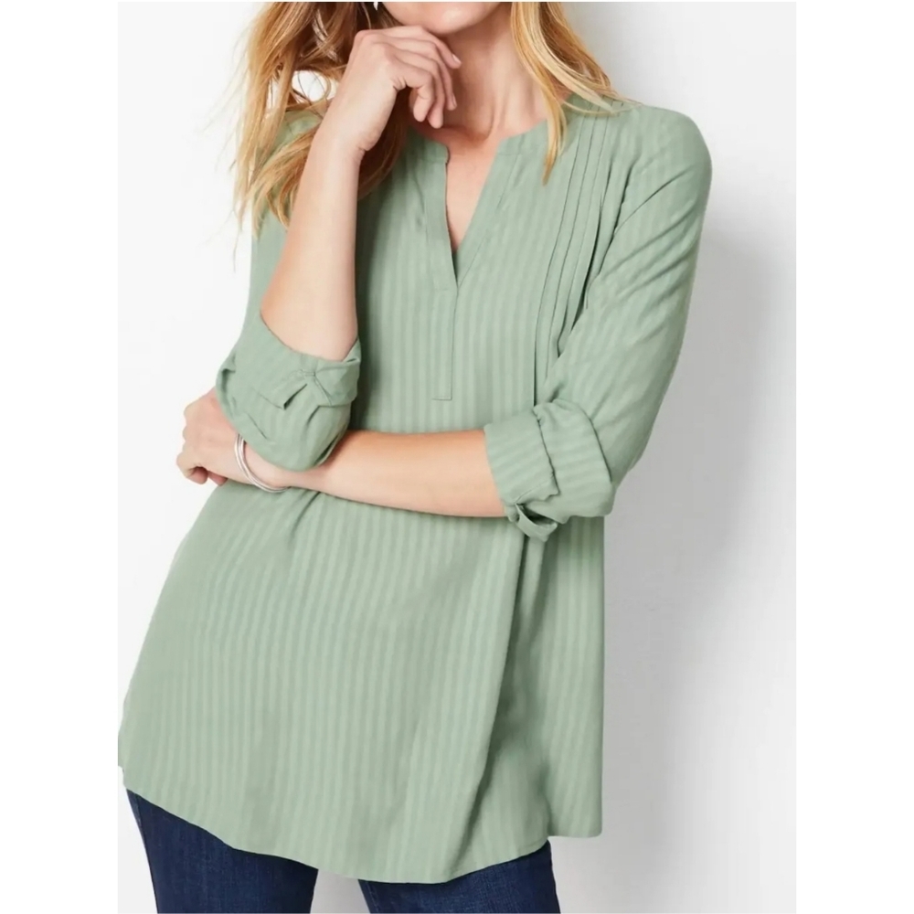 J.Jill Pintucked Popover Tunic in Mineral Sage Green Blouse Size Small Petite
